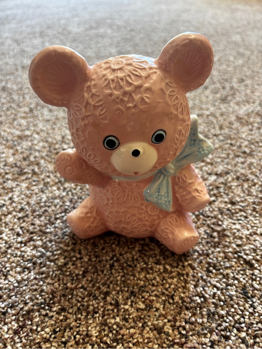 Pink Teddy Figurine with Light Blue Bow - Cute Kids Plush Decor